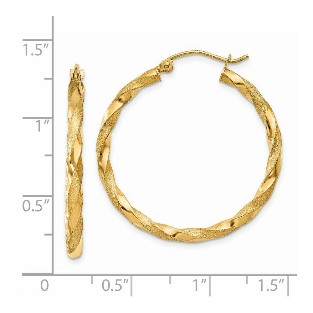 14K Yellow Gold Polished & Satin Twisted Hoop Earrings 32mm length