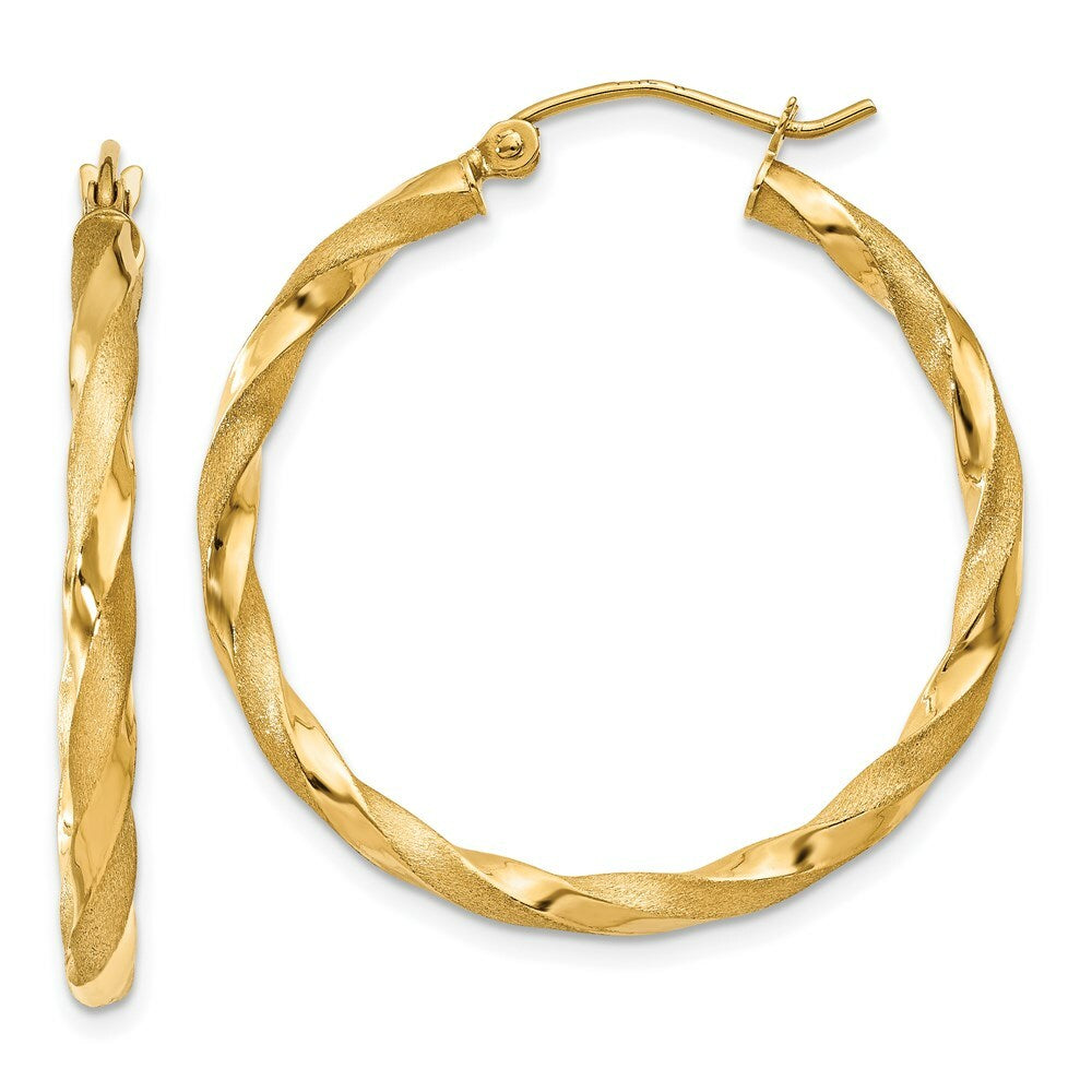 14K Yellow Gold Polished & Satin Twisted Hoop Earrings 32mm length
