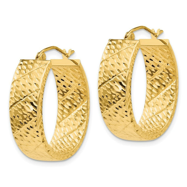 14K Yellow Gold Diamond Cut Oval Hoop Earrings  25mm length