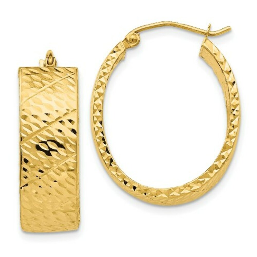 14K Yellow Gold Diamond Cut Oval Hoop Earrings  25mm length