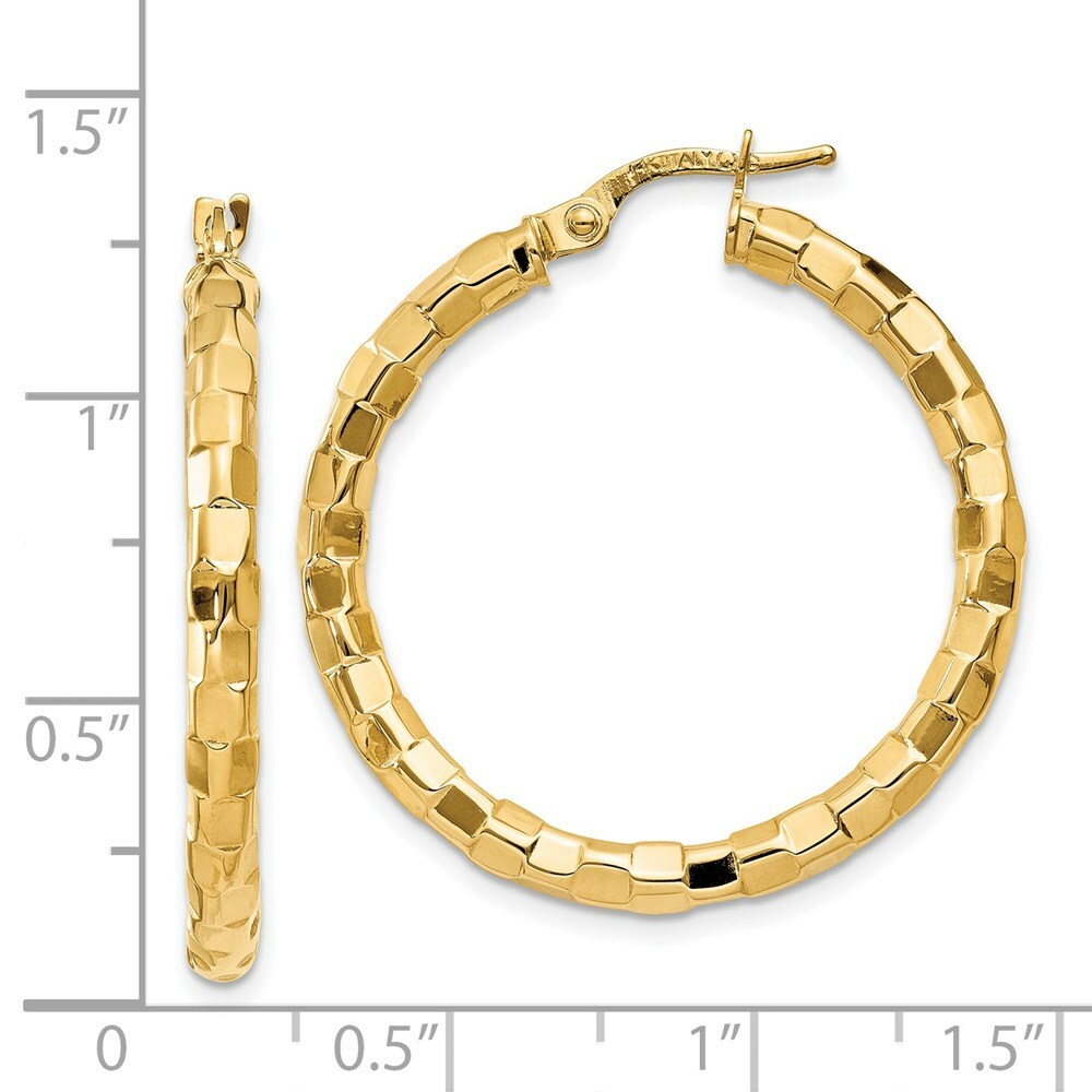 14K Yellow Gold Polished/Textured Post Hoop Earring 33mm length