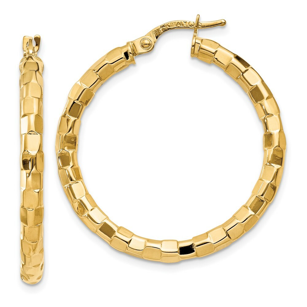 14K Yellow Gold Polished/Textured Post Hoop Earring 33mm length