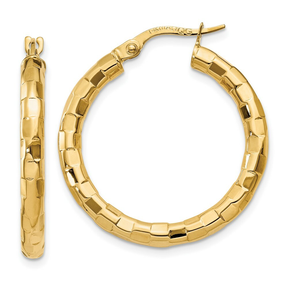 14K Yellow Gold Polished/Textured Post Hoop Earring 27mm length