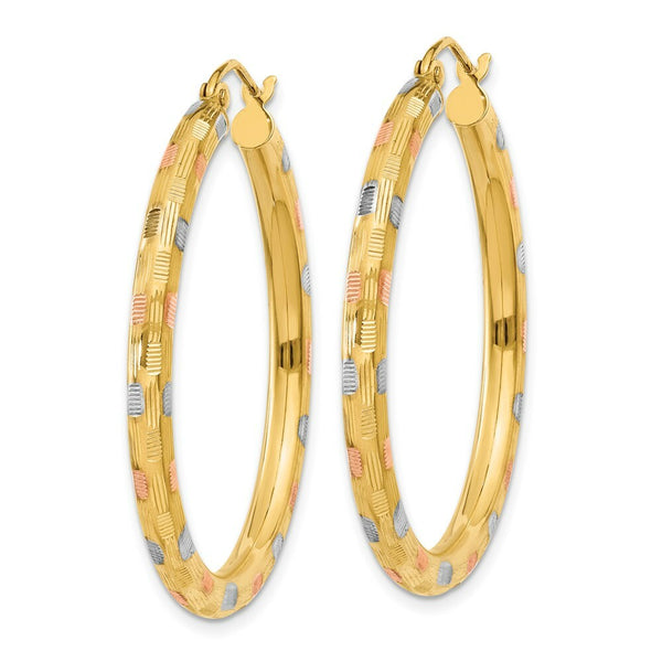 14K Yellow Gold & White & Rose Rhodium Textured Hoop Earrings 39mm length
