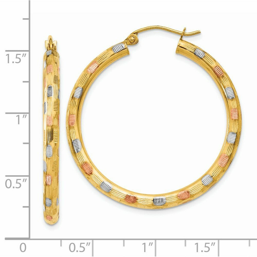 14K Yellow Gold & White & Rose Rhodium Textured Hoop Earrings 39mm length