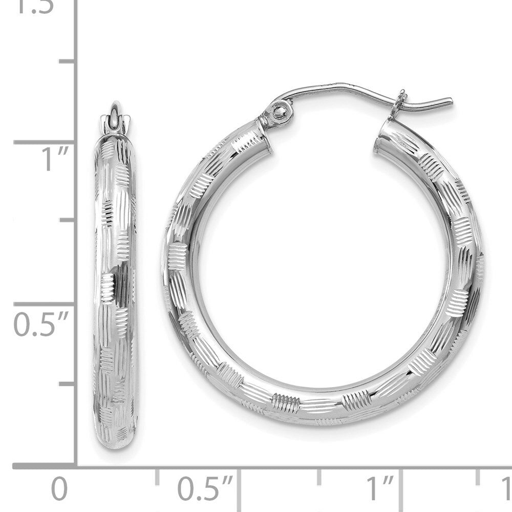 14K White Gold Textured Hoop Earrings 20mm length