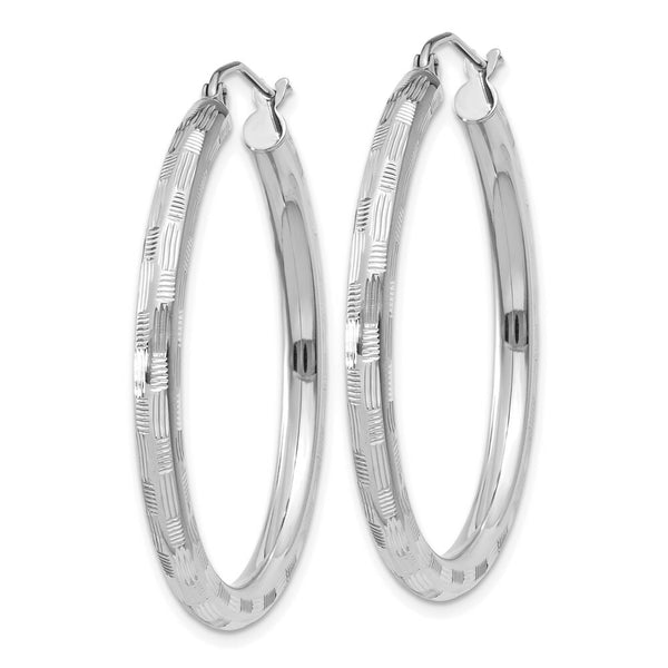 14K White Gold Textured Hoop Earrings 35mm length