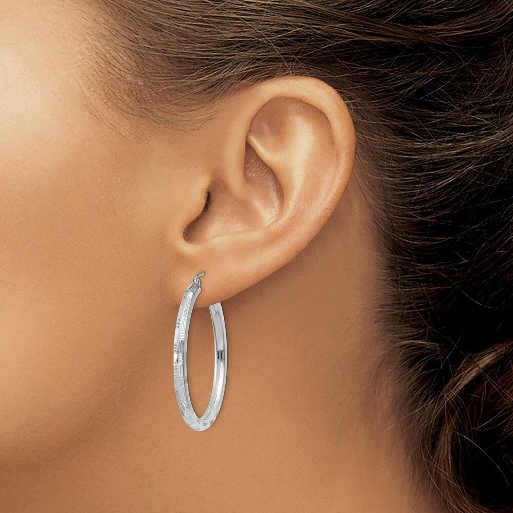 14K White Gold Textured Hoop Earrings 35mm length