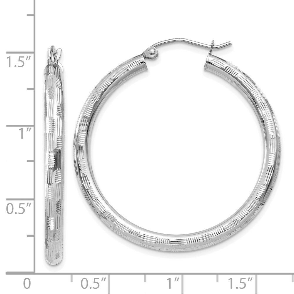 14K White Gold Textured Hoop Earrings 35mm length
