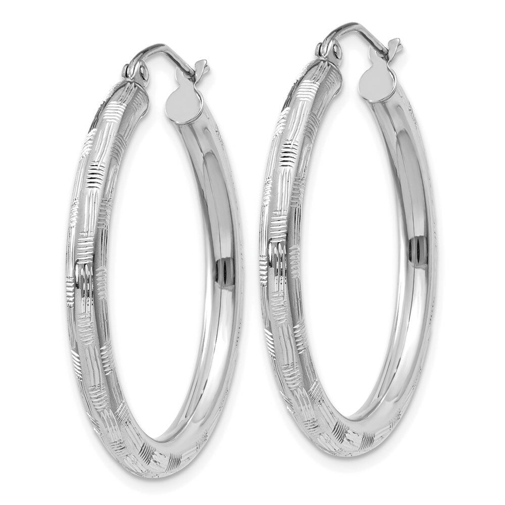 14K White Gold Textured Hoop Earrings 30mm length