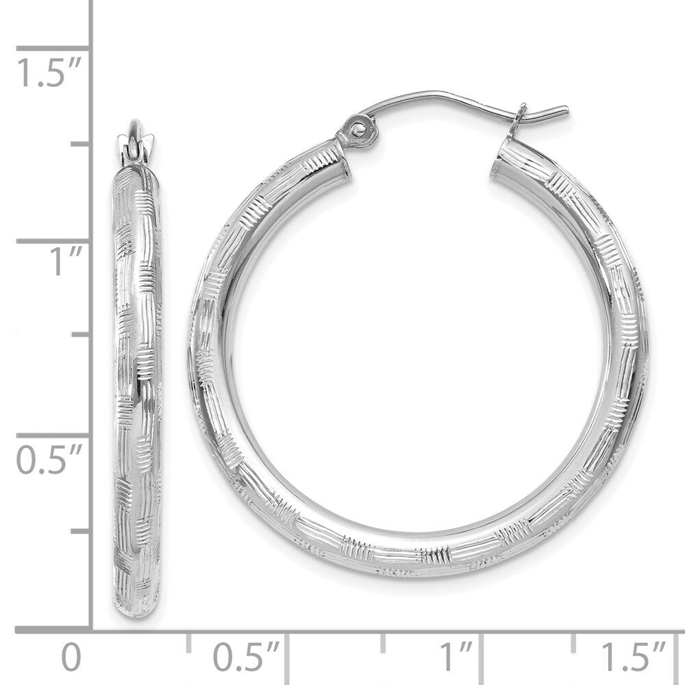14K White Gold Textured Hoop Earrings 30mm length