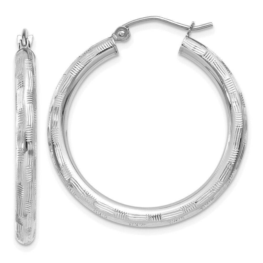 14K White Gold Textured Hoop Earrings 30mm length