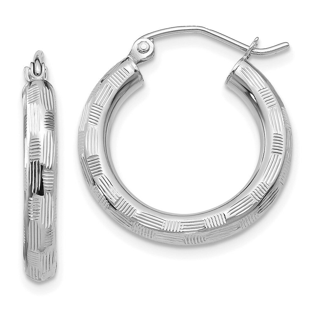 14K White Gold Textured Hoop Earrings 25mm length