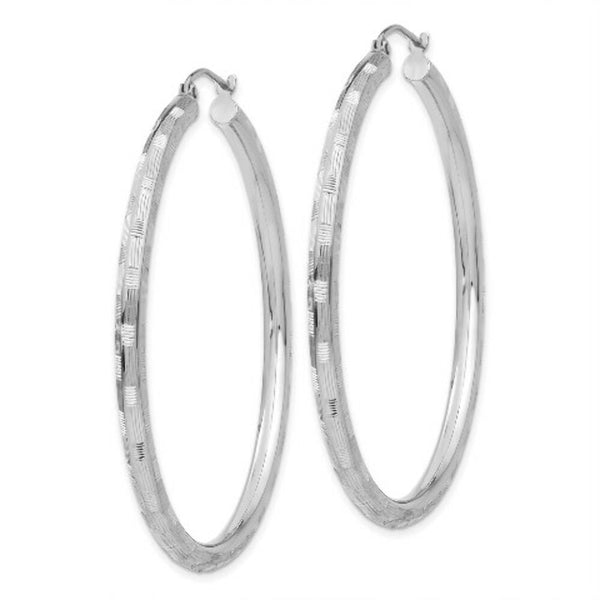 14K White Gold Textured Hoop Earrings 50mm length