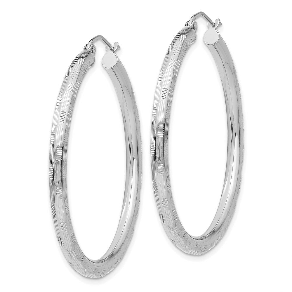 14K White Gold Textured Hoop Earrings 40mm length