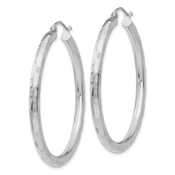 14K White Gold Textured Hoop Earrings 40mm length