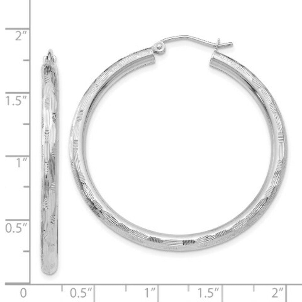 14K White Gold Textured Hoop Earrings 40mm length