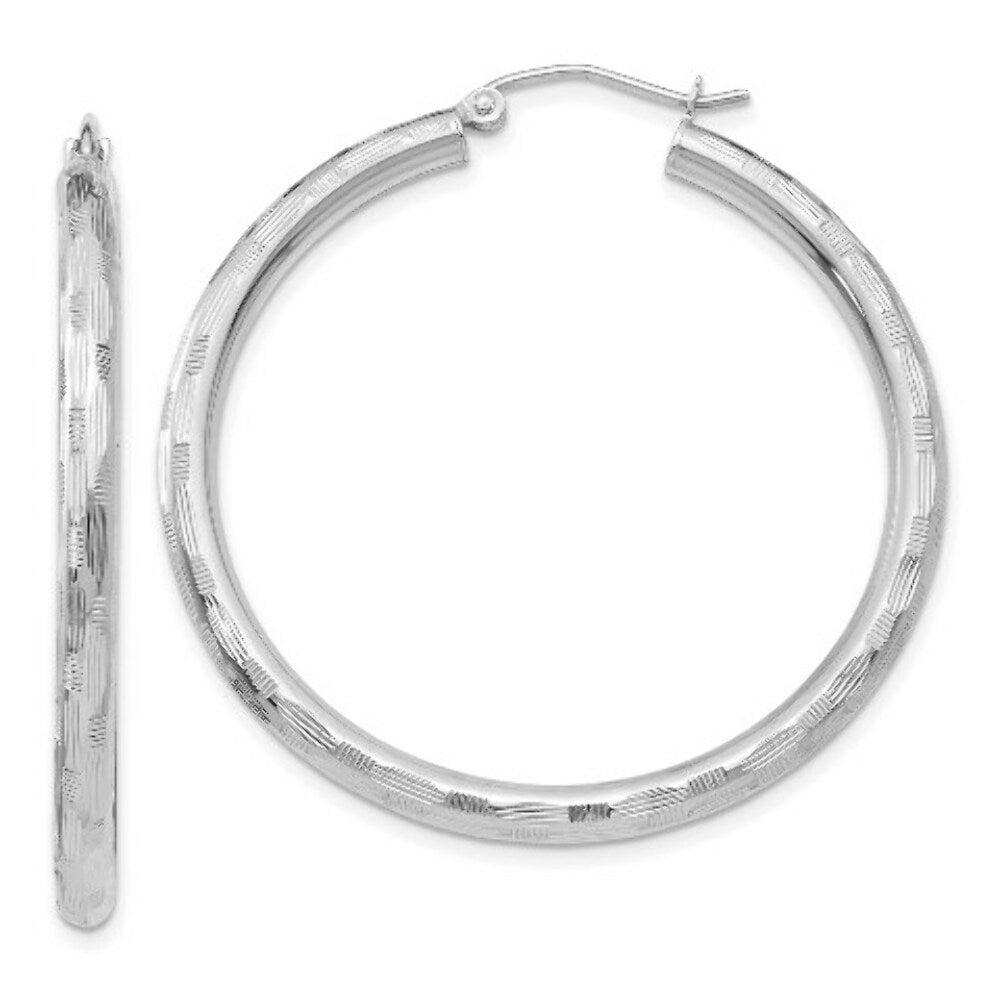 14K White Gold Textured Hoop Earrings 40mm length