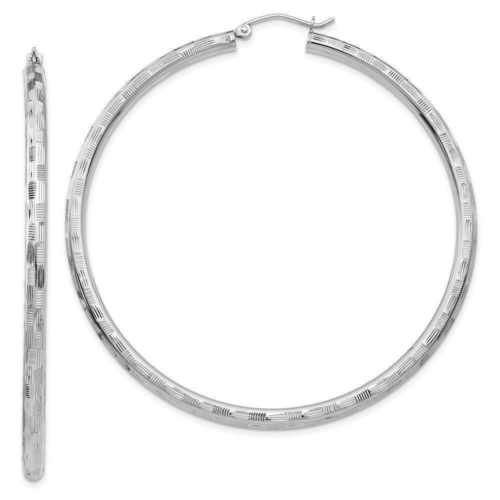 14K White Gold Textured Hoop Earrings 60mm length