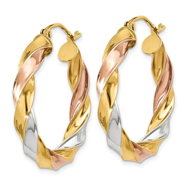 14K Yellow Gold Tricolor Light Twisted Hoop Earrings  29mm length