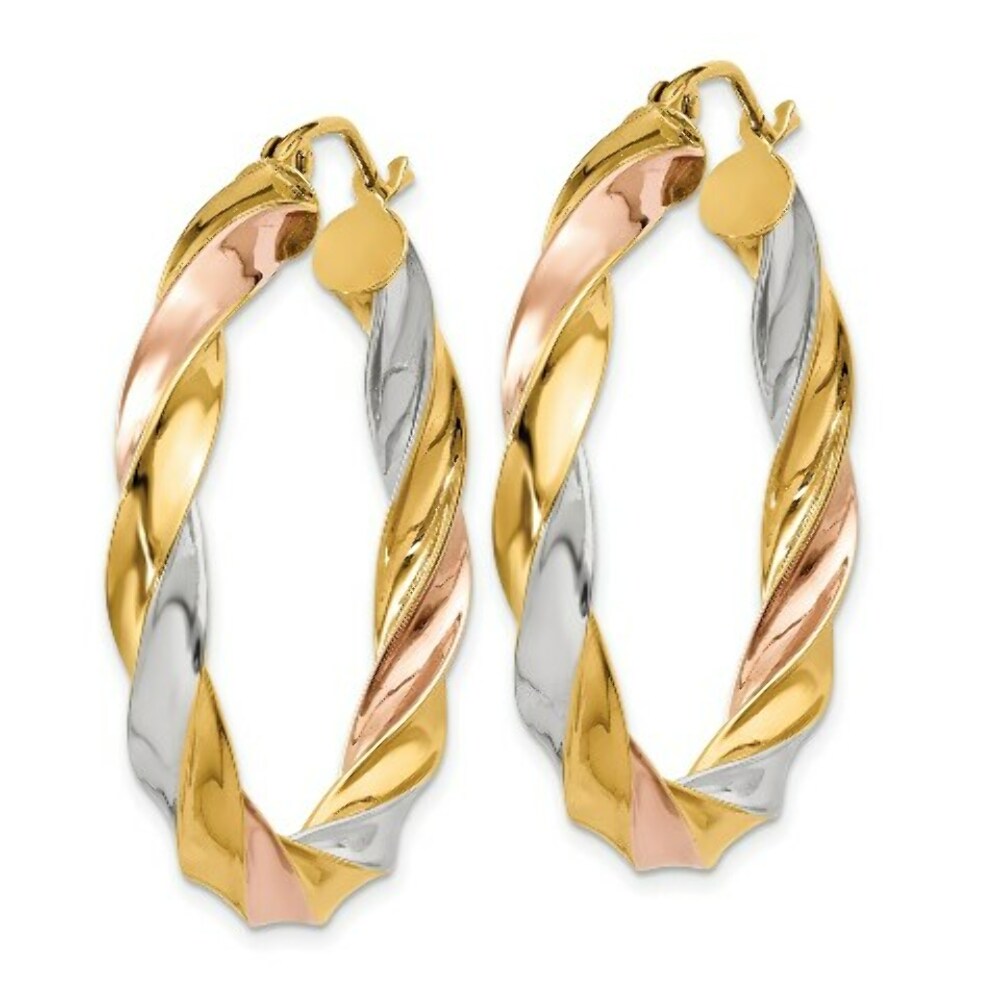 14K Yellow Gold Tricolor Light Twisted Hoop Earrings  33mm length