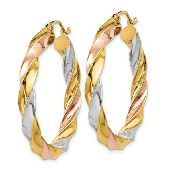 14K Yellow Gold Tricolor Light Twisted Hoop Earrings  33mm length