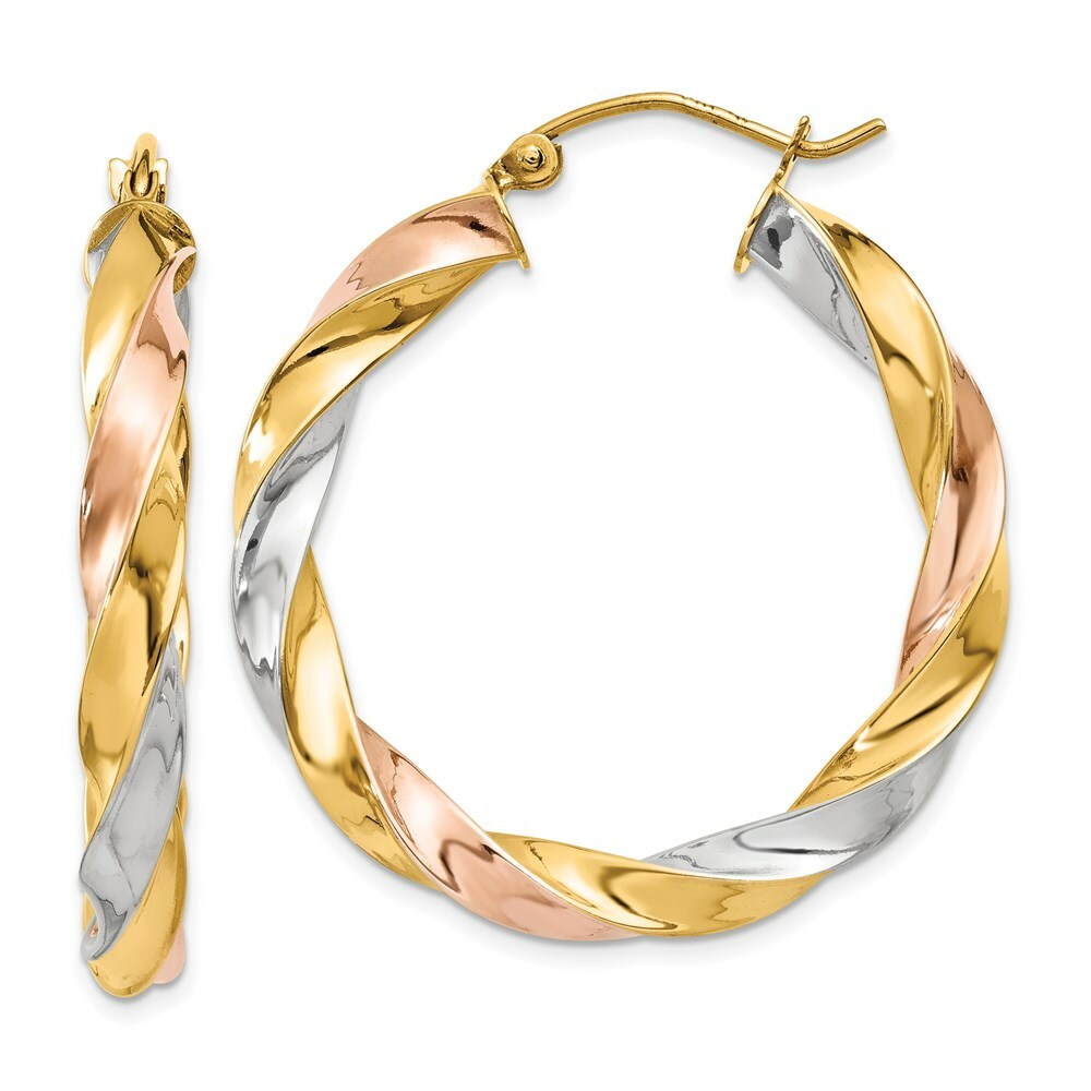 14K Yellow Gold Tricolor Light Twisted Hoop Earrings  33mm length