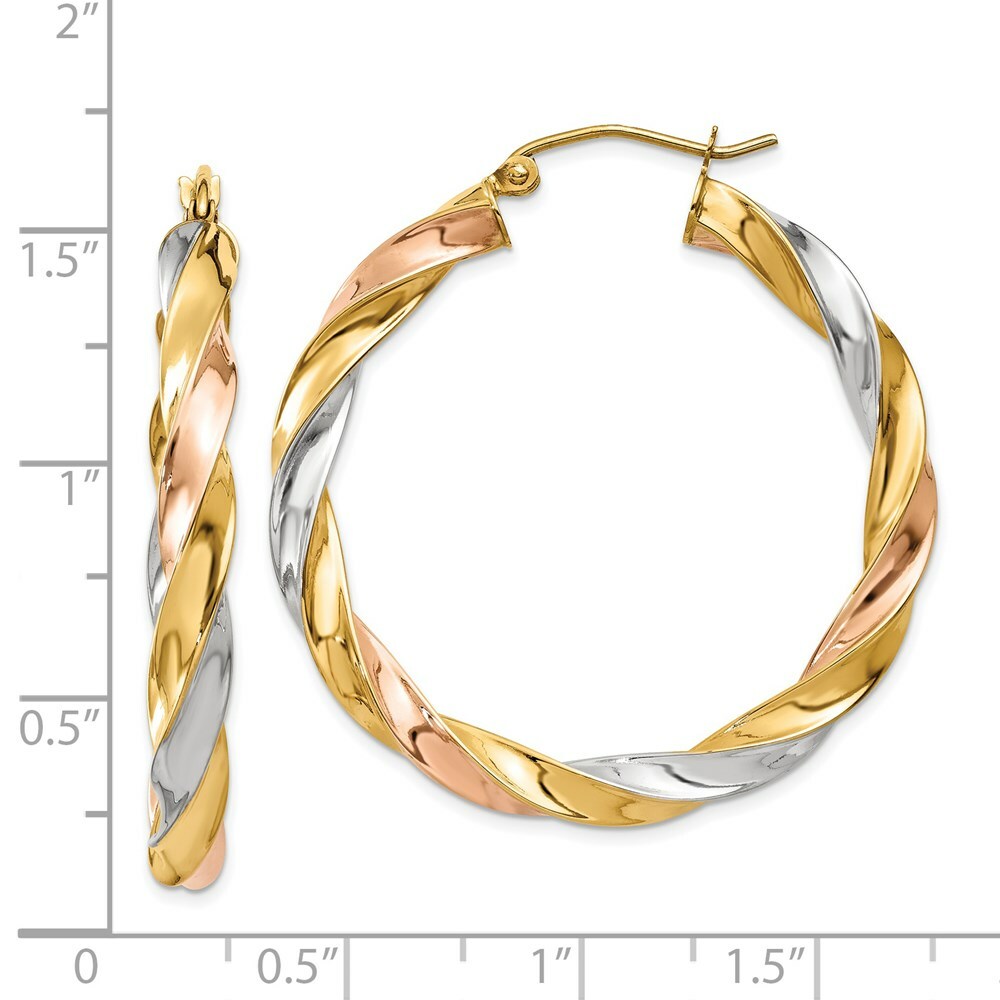 14K Yellow Gold Tricolor Light Twisted Hoop Earrings  39mm length