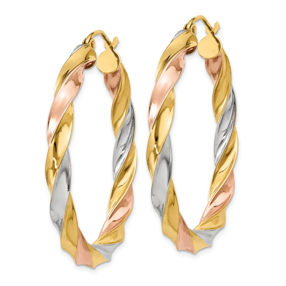 14K Yellow Gold Tricolor Light Twisted Hoop Earrings  39mm length