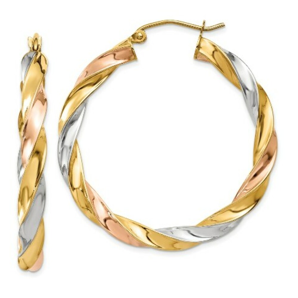 14K Yellow Gold Tricolor Light Twisted Hoop Earrings  39mm length