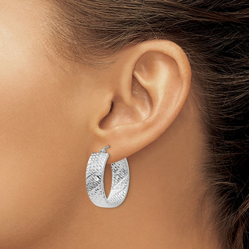 14K White Gold Diamond Cut Hoop Earrings 24mm length