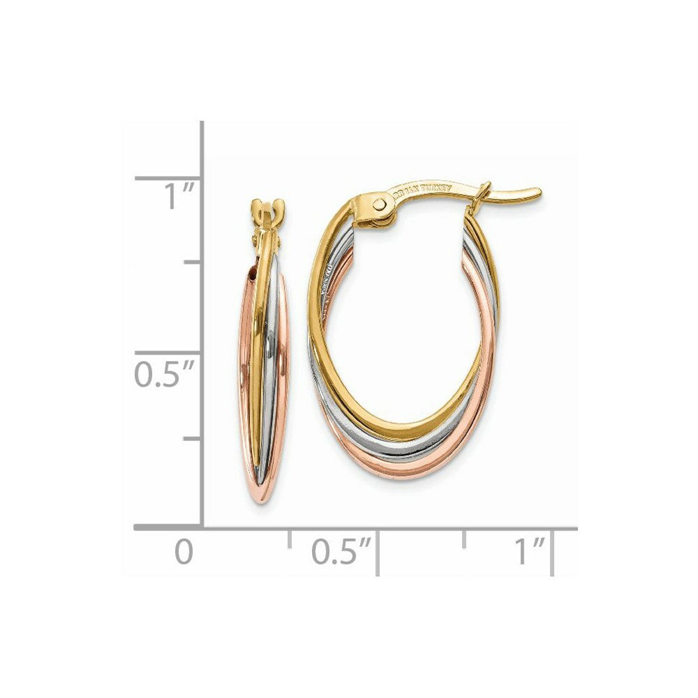 14K Tri-Color Gold Polished Oval Hoop Earrings  22mm length