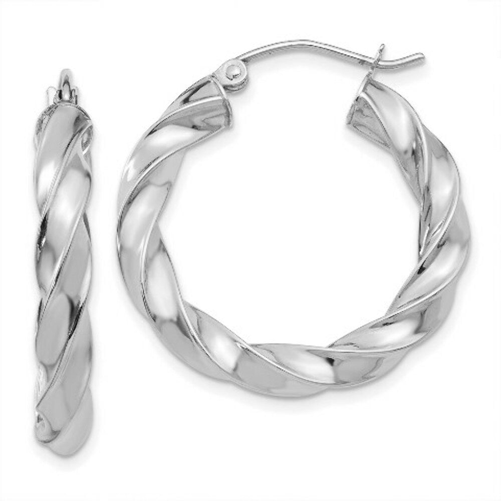 14K White Gold Light Twisted Hoop Earrings  25mm length