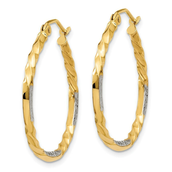 14K Yellow Gold & Rhodium Diamond Cut Twisted Hoop Earrings 27mm length
