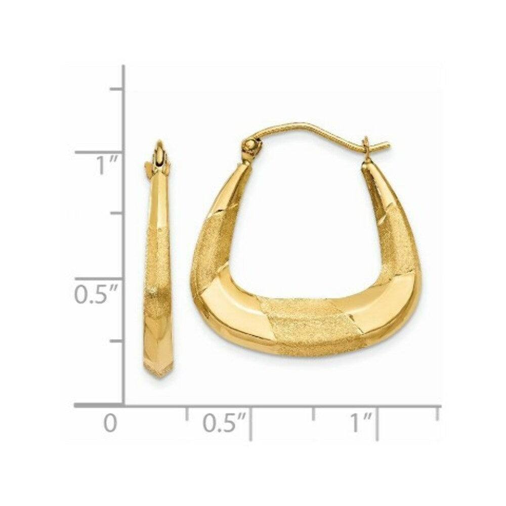 14K Yellow Gold Polished, Satin and Diamond-cut Hoop Earrings  22mm length