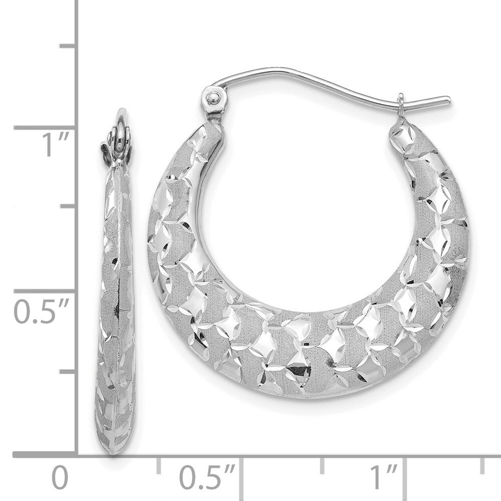 14K White Gold Satin and Diamond-cut Hoop Earrings 26mm length
