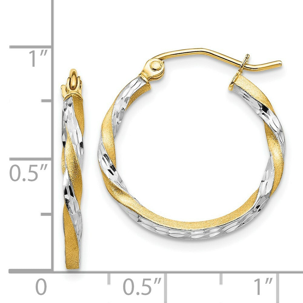 14K Yellow Gold & Rhodium Satin Diamond Cut Twisted Hoop Earrings 20mm length