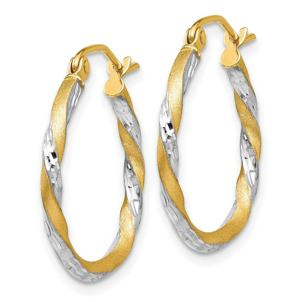 14K Yellow Gold & Rhodium Satin Diamond Cut Twisted Hoop Earrings 20mm length