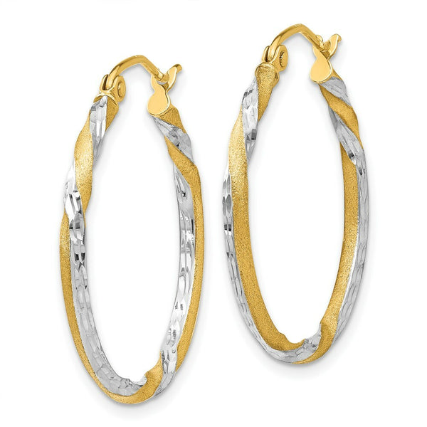 14K Yellow Gold & Rhodium Satin Diamond Cut Twisted Hoop Earrings 29mm length