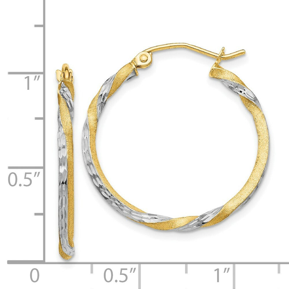 14K Yellow Gold & Rhodium Satin Diamond Cut Twisted Hoop Earrings 29mm length