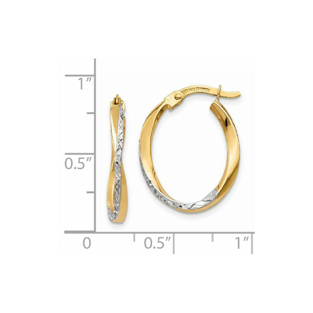 14K Yellow Gold and Rhodium Textured and Polished Oval Hoop Earrings  17mm length