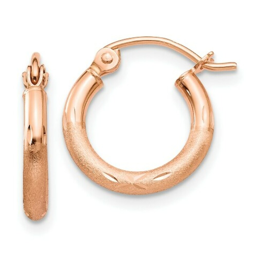 14K Rose Gold Light Weight Satin Diamond Cut Hoop Earrings  13mm length