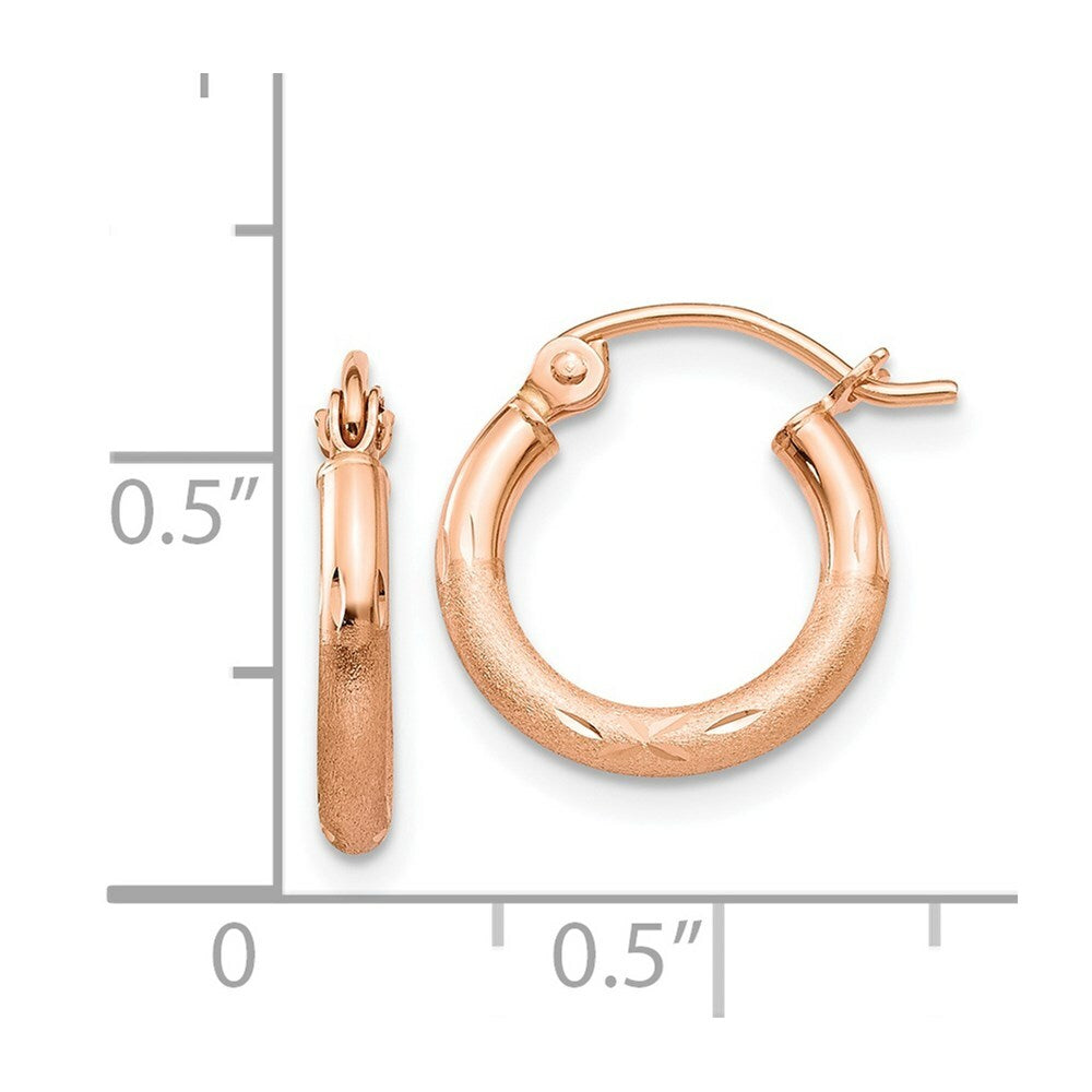 14K Rose Gold Light Weight Satin Diamond Cut Hoop Earrings  13mm length