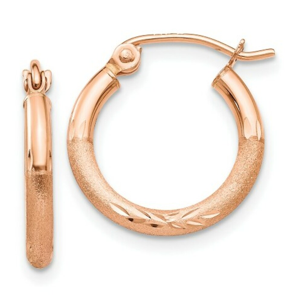 14K Rose Gold Light Weight Satin Diamond Cut Hoop Earrings  15mm length
