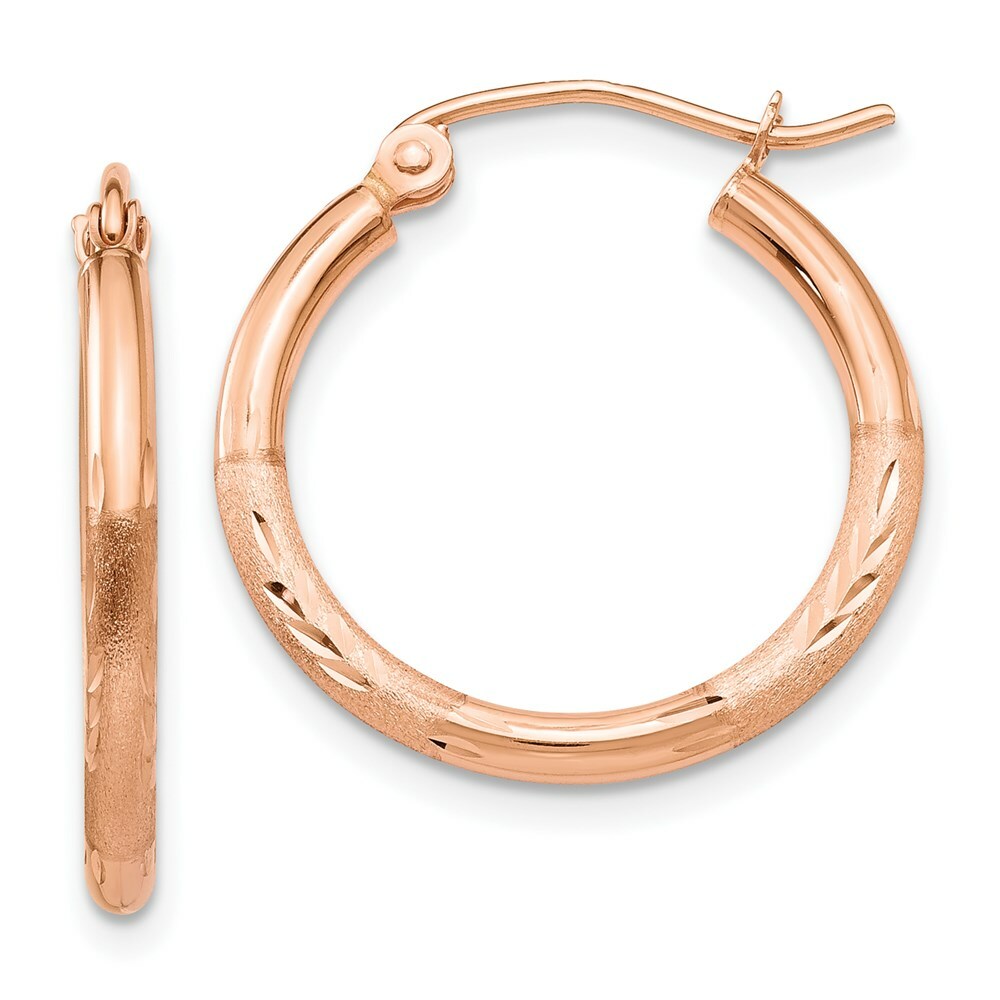 14K Rose Gold Light Weight Satin Diamond Cut Hoop Earrings  20mm length