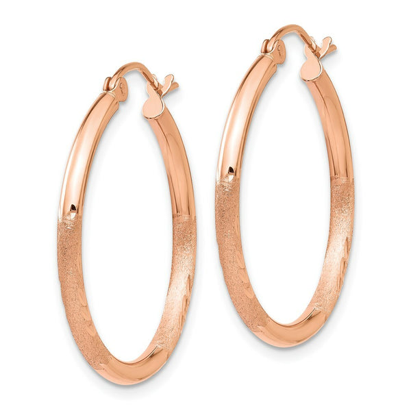14K Rose Gold Light Weight Satin Diamond Cut Hoop Earrings  25mm length