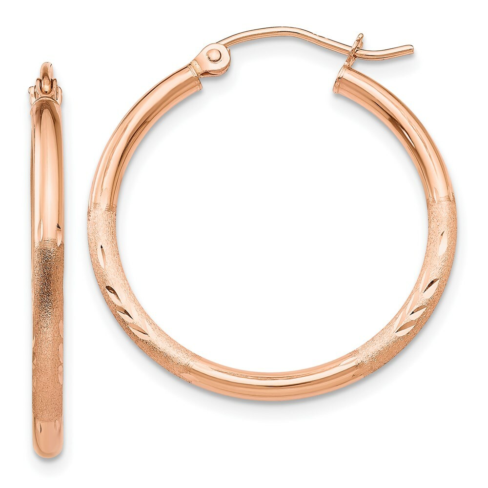14K Rose Gold Light Weight Satin Diamond Cut Hoop Earrings  25mm length