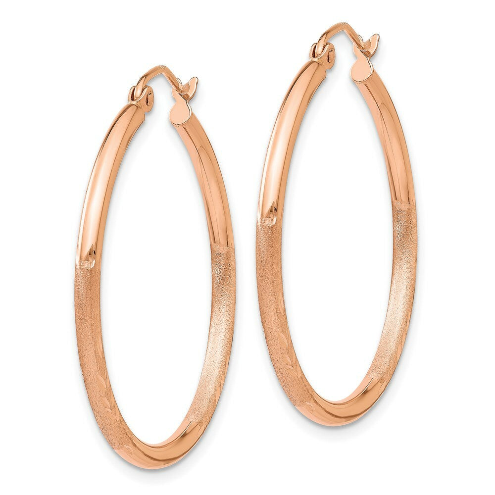 14K Rose Gold Light Weight Satin Diamond Cut Hoop Earrings  30mm length