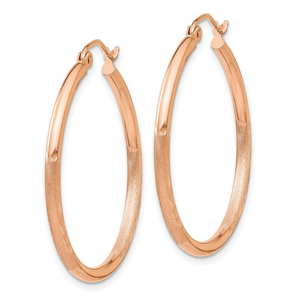 14K Rose Gold Light Weight Satin Diamond Cut Hoop Earrings  30mm length