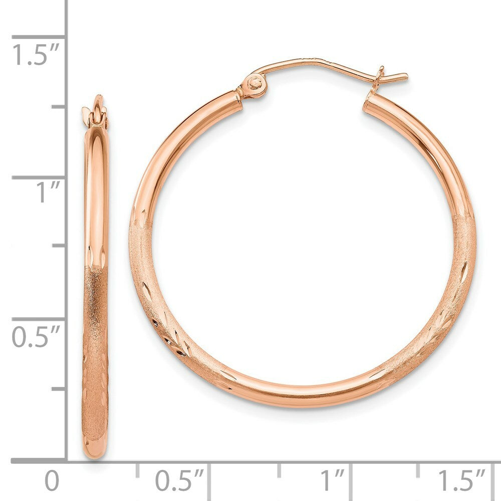 14K Rose Gold Light Weight Satin Diamond Cut Hoop Earrings  30mm length